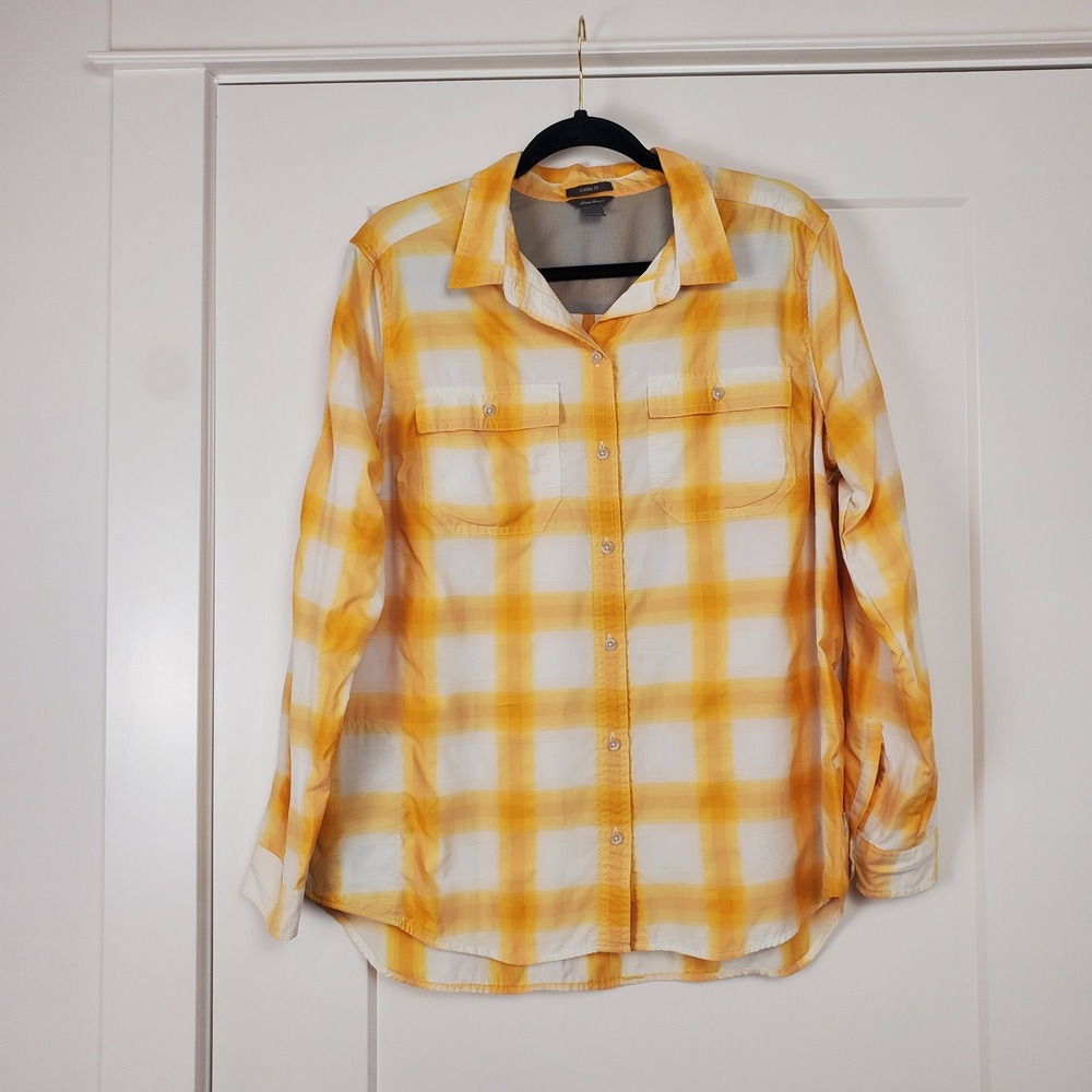 Eddie Bauer Button Up Shirt Womens XL Yellow Plaid Roll Tab Sleeve Classic Fit
